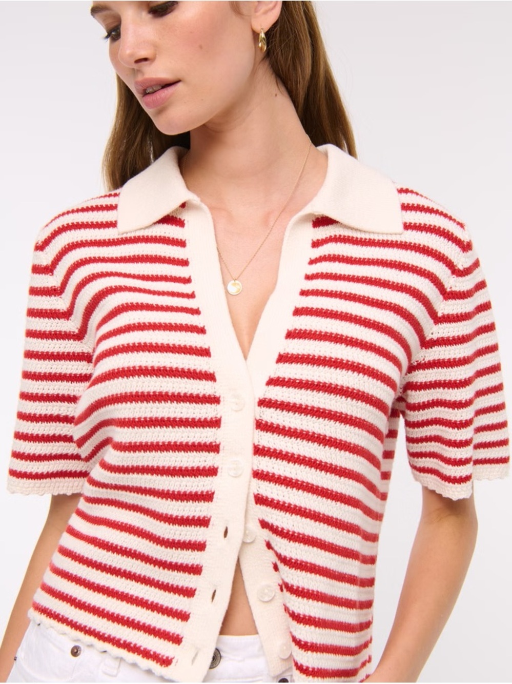 Abercrombie Red and Cream Striped Short-Sleeve Knit Cardigan